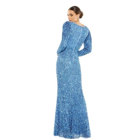 NWT Mac Duggal Blue Puff Shoulder Sequined Surplice Gown French Blue Sz 4 - Picture 3 of 16